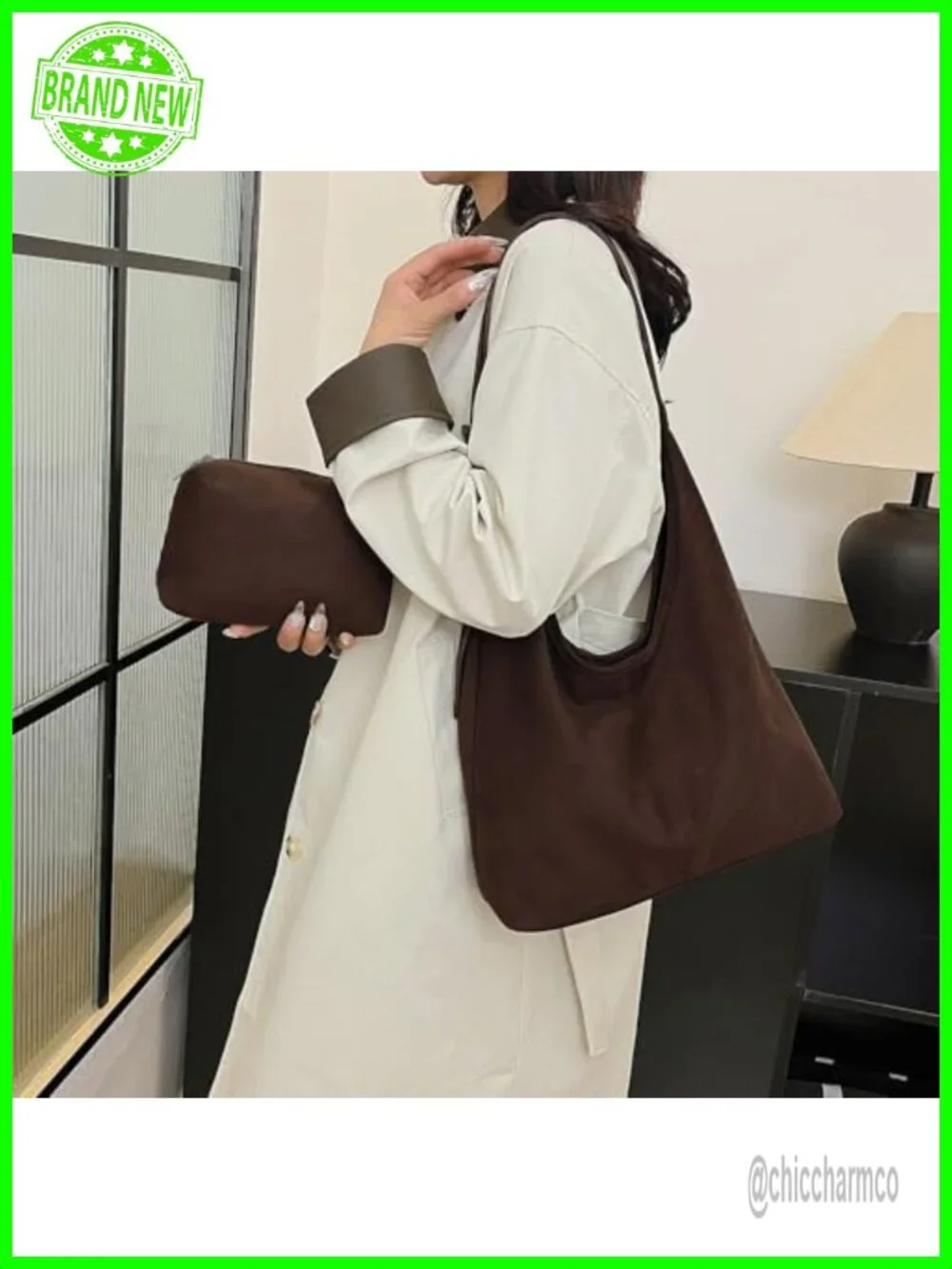 Faux Suede Hobo Tote Bag with Small Purse Set - Large Capacity Shoulder